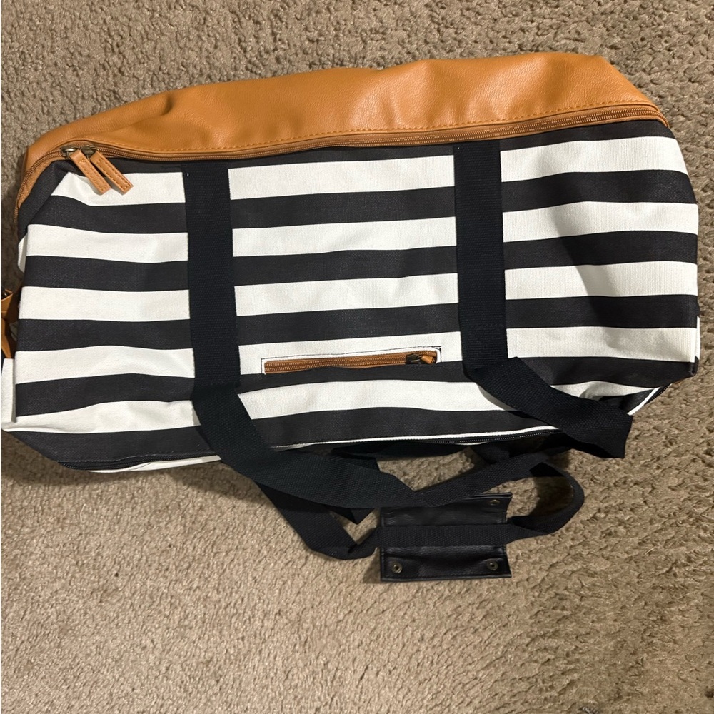 Striped Black and White Men's Bag with Tan Accents